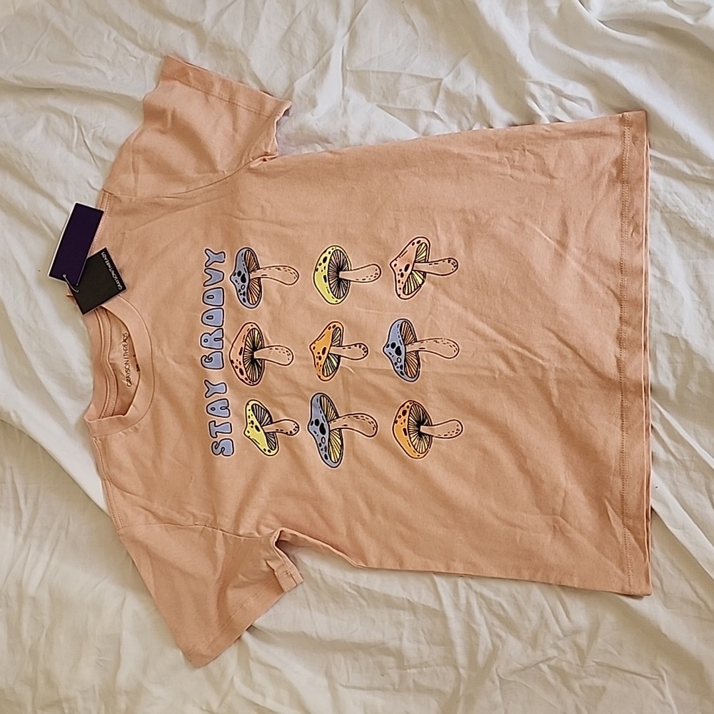 Grayson Threads 'Stay Groovy'  pale coral color, mushroom T shirt, Size S